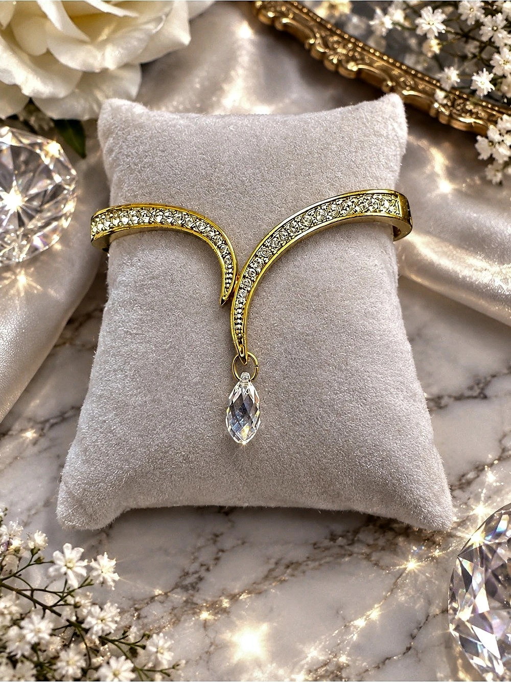 SWAROVSKI Vintage Gold-tone Hinged V Bangle With Teardrop Crystal Charm